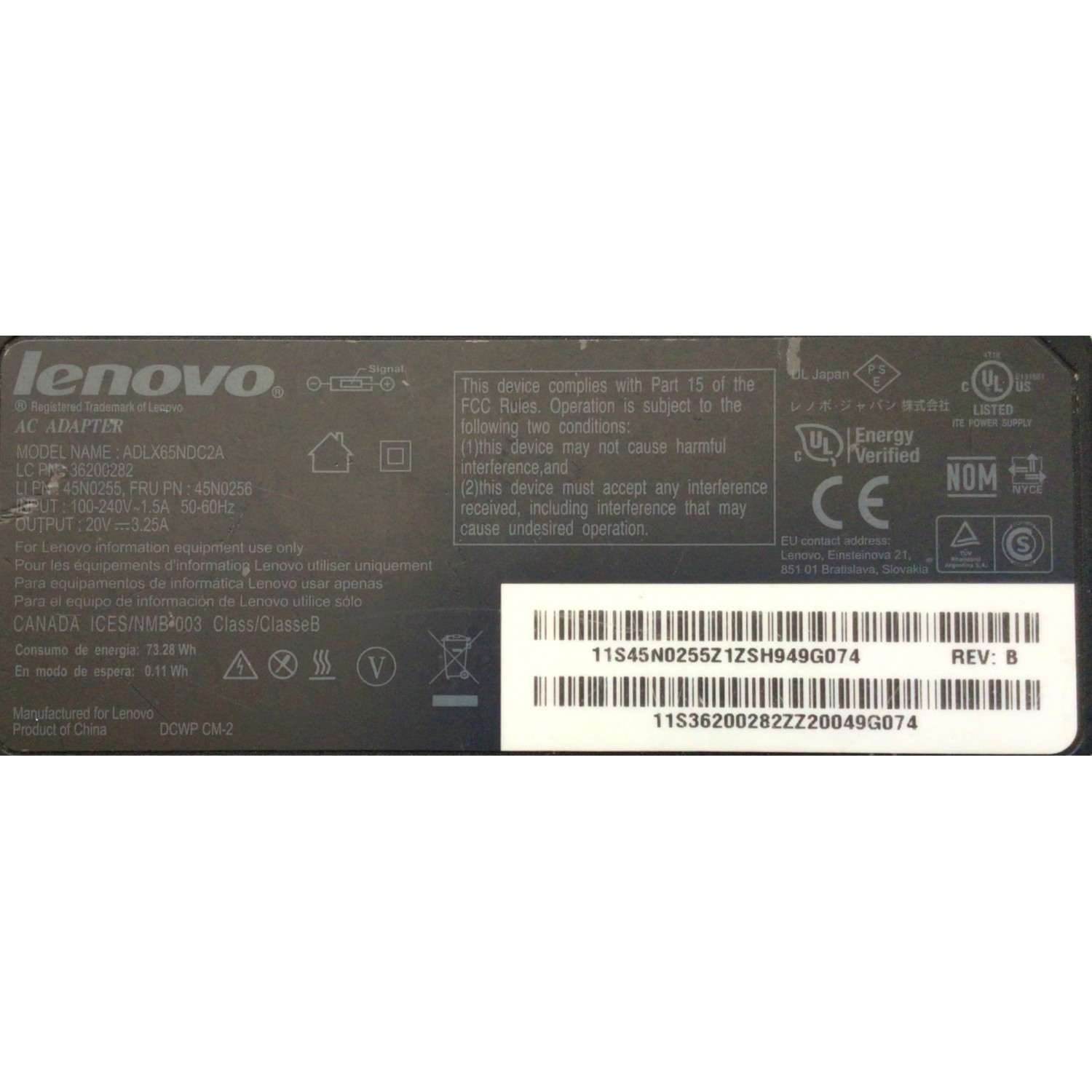 CARGADOR / ADAPTADOR DE FUENTE DE ALIMENTACION LENOVO / NUMERO DE PARTE ADLX65NDC2A / 36200282 / 45N0255 / 45N0256 / 73.28WH / 0.11WH / ENTRADA VCA 100-240V~1.5A / 50-60HZ / SALIDA VCD 20V⎓3.25A / MODELO ADLX65NDC2A - Imagen 4